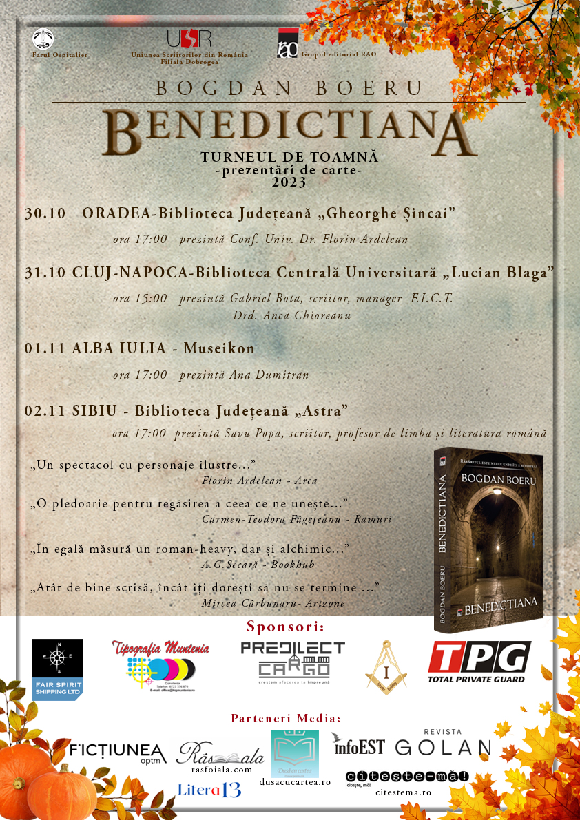 După succesul turneului național din primăvara anului 2023, romanul „Benedictiana” (Editura Rao, 2022) al lui Bogdan BOERU, pornește iar la drum, într-un turneu de toamnă.